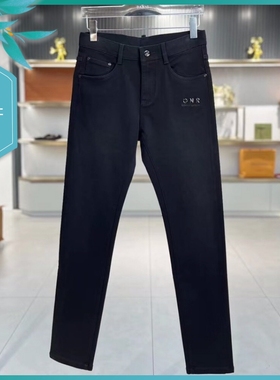 T24秋冬新款男士温州欧版修身小脚潮刺绣简约弹力纯黑色长牛仔裤