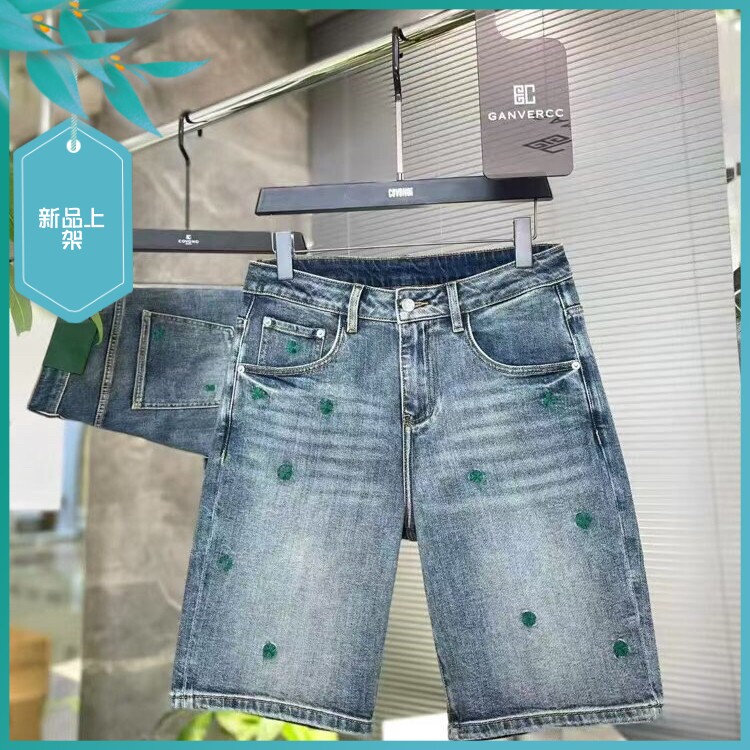 T26夏季新款男士温州欧版修身潮刺绣透气弹力浅蓝色五分牛仔短裤