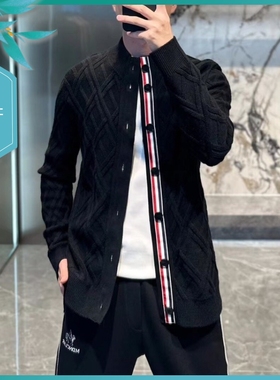 T23秋季新款男士温州欧版修身潮流刺绣螺纹针织黑色长袖毛衣外套