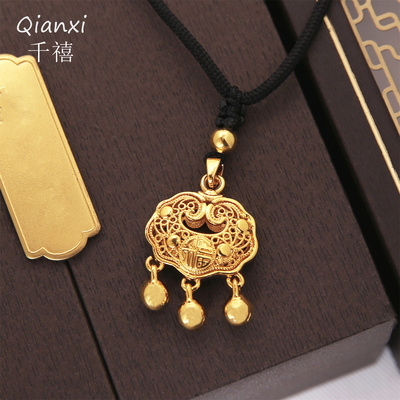 镂空金色钛钢平安锁黑绳项链