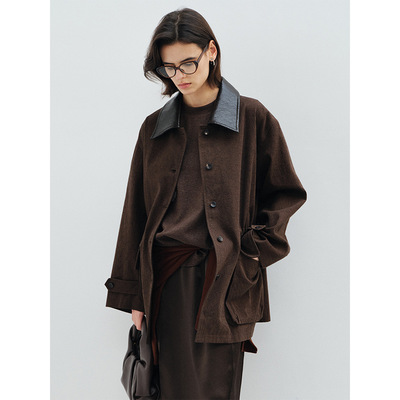 [共线]COLNE春季新款通勤设计感棉麻拼皮翻领抽绳斜纹夹克