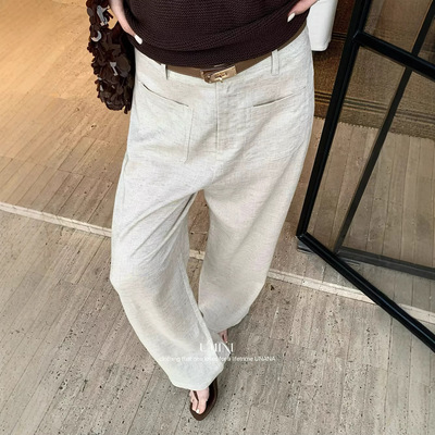 U+MINI十三行UNANA新品F7237简约老钱风前双口袋设计亚麻休闲裤女