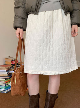 you think十三行冬季新款韩系松紧腰格纹保暖棉质半身裙女