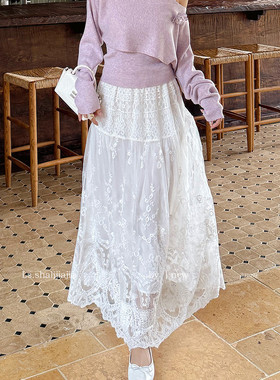 LS述致 半身裙女2026早春新款蕾丝重工温柔优雅气质白色长裙