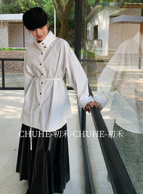 [初禾]气质风衣女设计感小众喇叭袖木耳中长款立领时尚洋气衬衣内