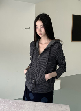 梵鸽条纹卫衣开衫女设计感小众宽松慵懒连帽短款运动休闲针织外套
