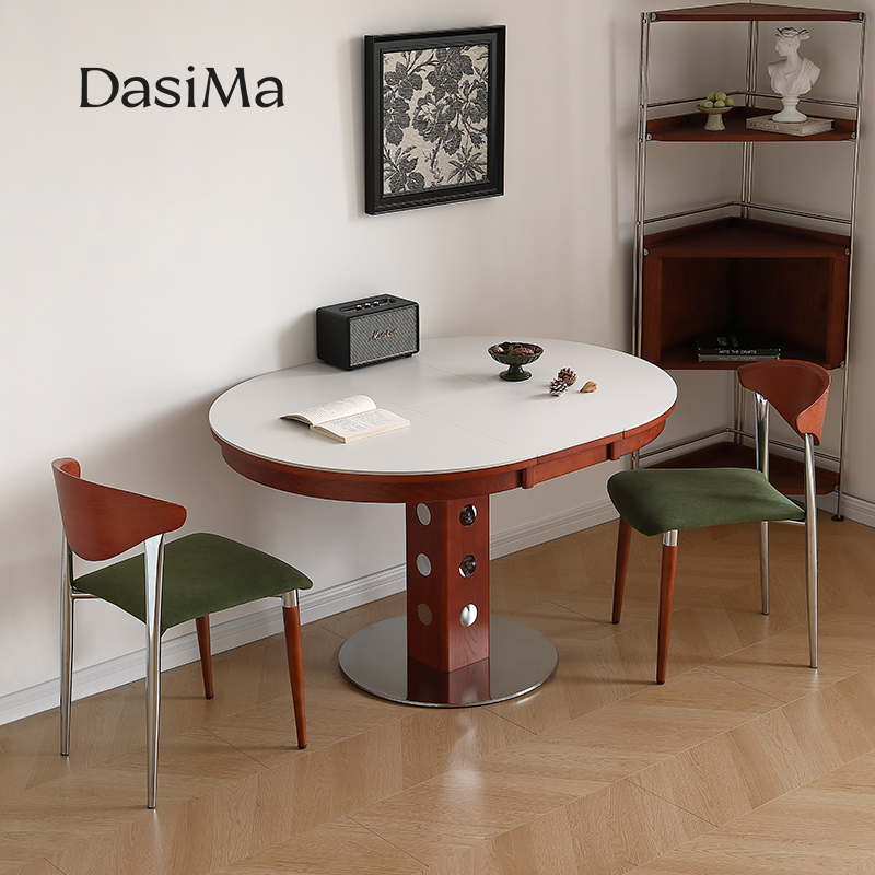 大司马可伸缩折叠实木餐桌客厅家用圆桌法式岩板小户型多功能饭桌