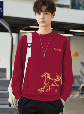 酒红色马图案本命年马年卫衣男2026秋冬季纯棉红色加绒新年上衣服