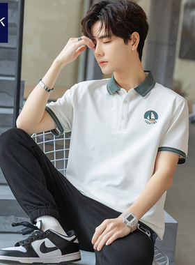 polo衫男夏季新款条纹翻领短袖t恤 青少年潮年轻plol冰丝夏装上衣