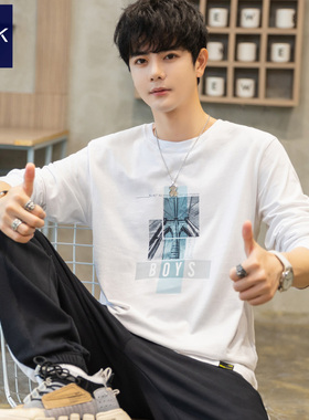 TEEK长袖t恤男士青少年 2026春季秋衣加绒加厚白色百搭内搭打底衫