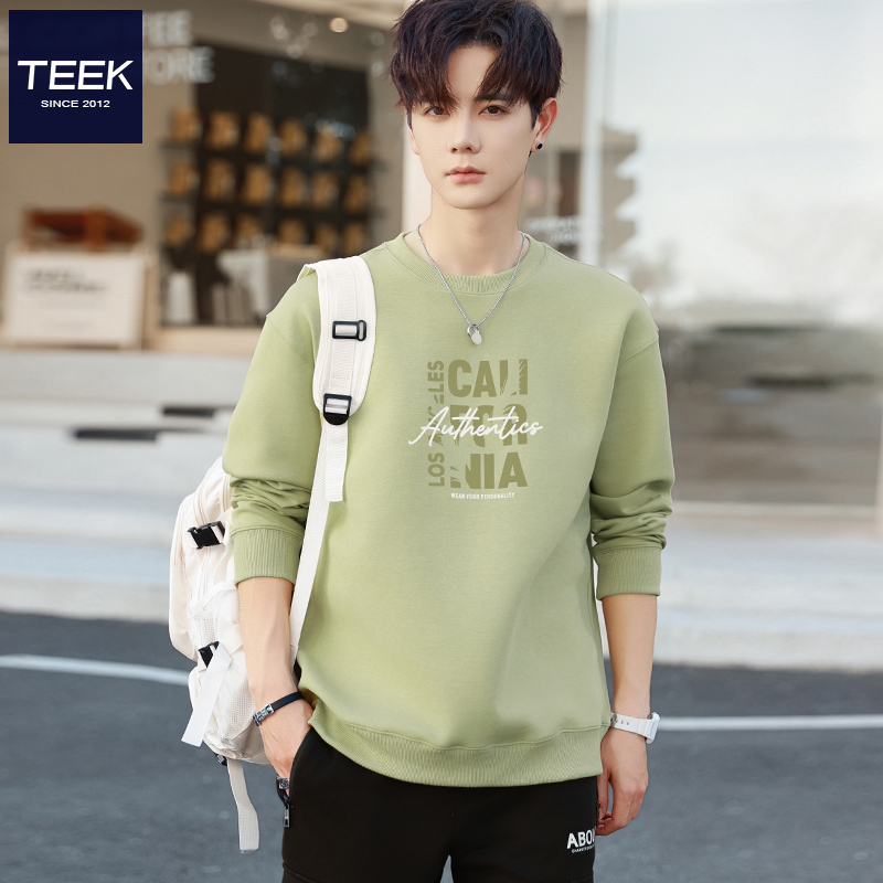 TEEK秋季小清新浅草绿色男装卫衣 潮流帅气休闲空气层春秋长袖T恤