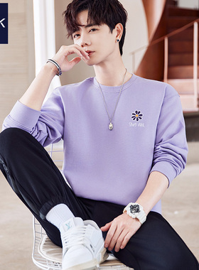 TEEK秋季纯棉卫衣帅气 港风潮牌小雏菊香芋浅紫色长袖T恤潮流男装