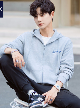 TEEK灰色开衫拉链连帽卫衣男2025秋季新款青少年秋装带帽衫外套