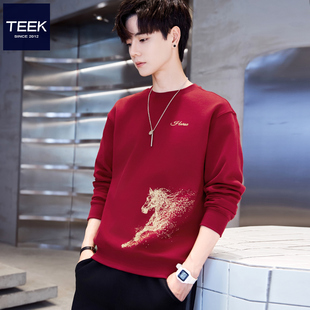 一马平川2026马年本命年酒红色男装 红色加绒新年衣服 卫衣属马冬季