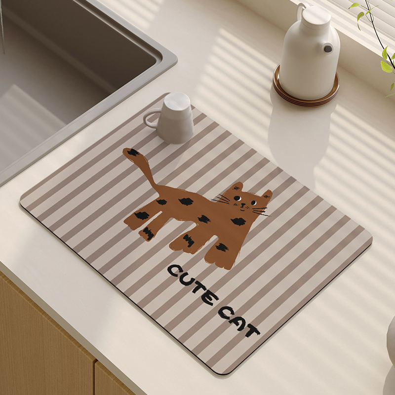 花猫厨房沥水垫藻泥台面洗碗吸水垫卡通洗手台防滑速干餐垫控水垫