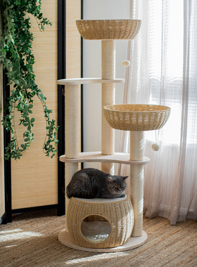 实木！藤编猫爬架猫窝猫树一体实木板剑麻猫抓板猫笼立式大型编织