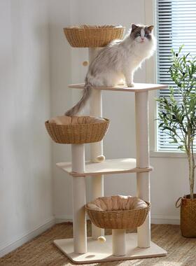 出口日本！猫爬架猫窝猫树一体编织藤编大型剑麻多层猫抓柱德邦
