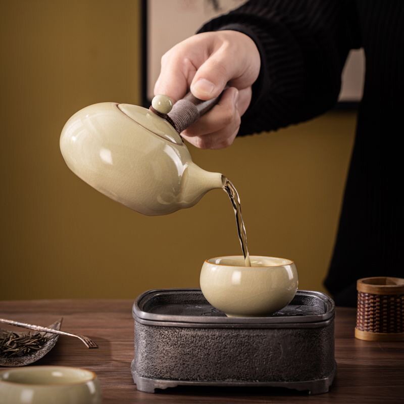 高档汝窑黑檀木侧把壶家用办公室会客功夫茶具泡茶壶陶瓷茶壶单壶
