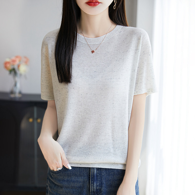 简约圆领短袖一线成衣针织衫T恤女薄款宽松套头百搭彩点上衣打底