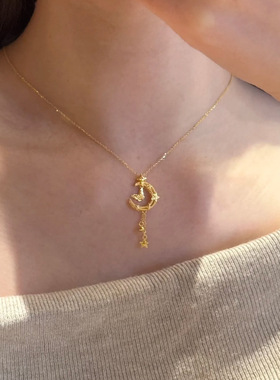 新款古法黄金色星月蝴蝶项链女高级感轻奢小众设计气质百搭锁骨链