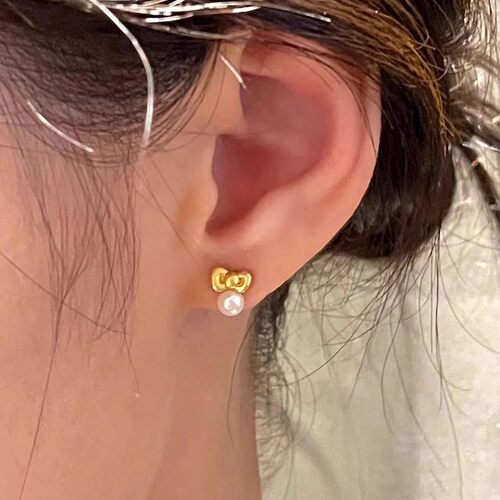 「hello Kitty」甜美金黄色蝴蝶结珍珠耳钉女高级感时尚耳饰耳环