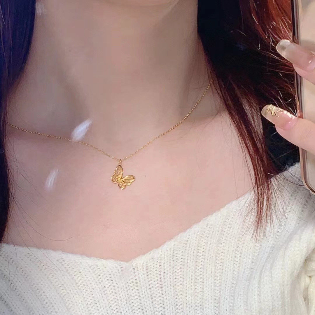 新款古法黄金色花丝蝴蝶项链女高级感轻奢小众设计气质百搭锁骨链