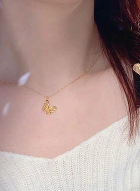 新款古法黄金色花丝蝴蝶项链女高级感轻奢小众设计气质百搭锁骨链
