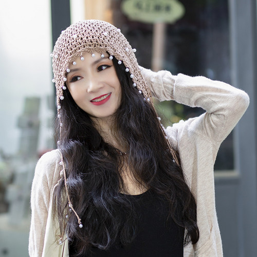 时尚镂空串珠流苏包头手工帽子