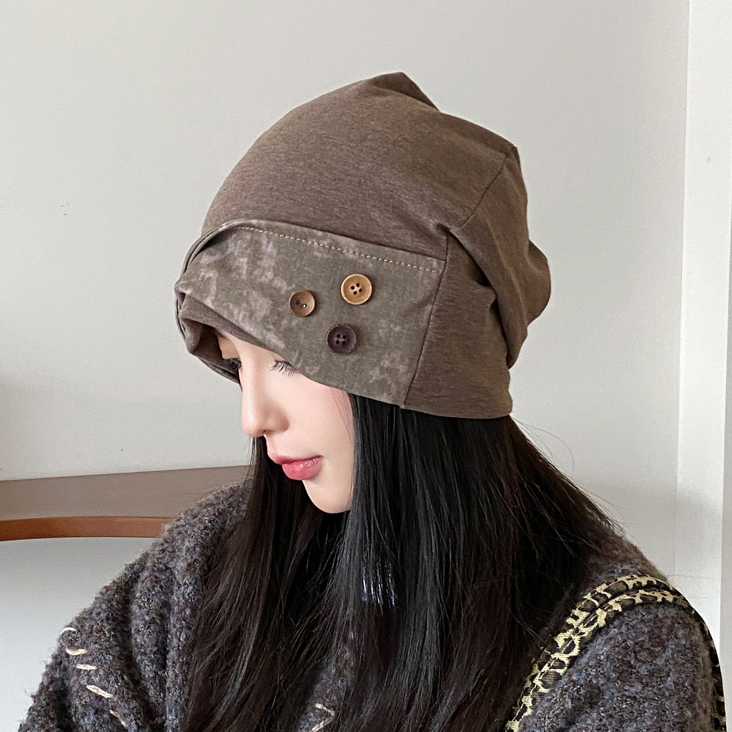 帽子女款春秋季日系复古纽扣堆堆帽时尚个性显脸小头巾包头冷帽女