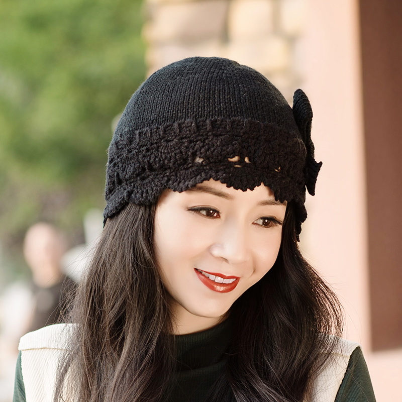 帽子女春秋日系手工编织针织瓜皮帽时尚女士蝴蝶结包头贝雷帽夏季
