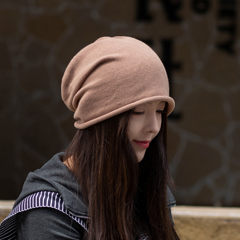 帽子女春秋显脸小女款针织帽纯棉堆堆帽包头女士时尚洋气卷边冷帽