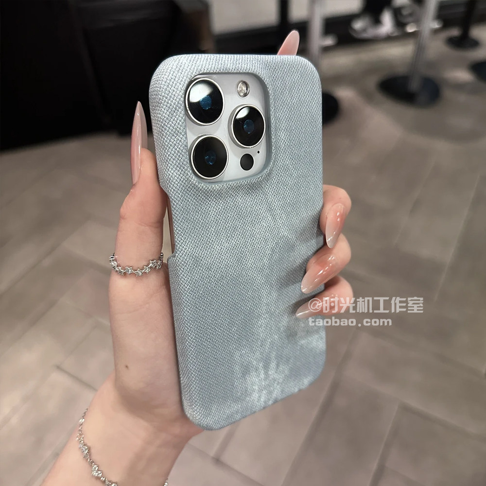 INS小众烟灰蓝牛仔纹适用iPhone16绒布壳苹果16Promax手机壳15/13pro磨砂防指纹12/11半包边散热14plus男女套