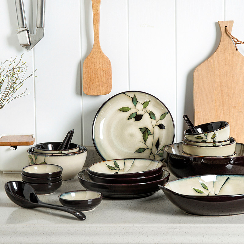 竹叶日式碗碟套装家用创意简约2/4/6/10人碗盘组合陶瓷微波炉餐具,餐饮具,碗,淘宝优惠券,粉丝福利购,淘宝优惠卷