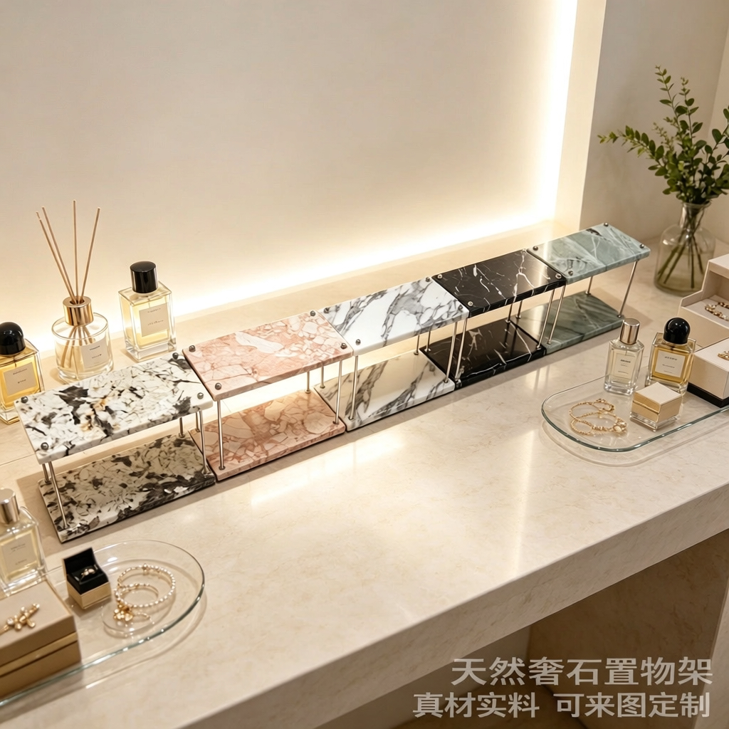 天然大理石奢石置物架梳妆台桌面收纳架化妆品香水浴室洞石托盘台