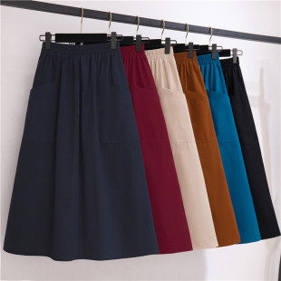 棉麻大口袋工装 中长半身裙女高腰学院风休闲宽松纯色松紧腰半身裙