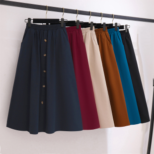 春夏新款 纯色单排扣A字中长半身裙气质宽松显瘦带口袋半身长裙女