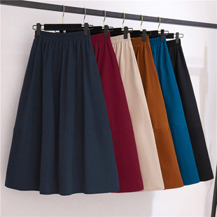 春夏季 棉麻半身裙纯色宽松带口袋A字拼接半身裙 文艺复古风中长款