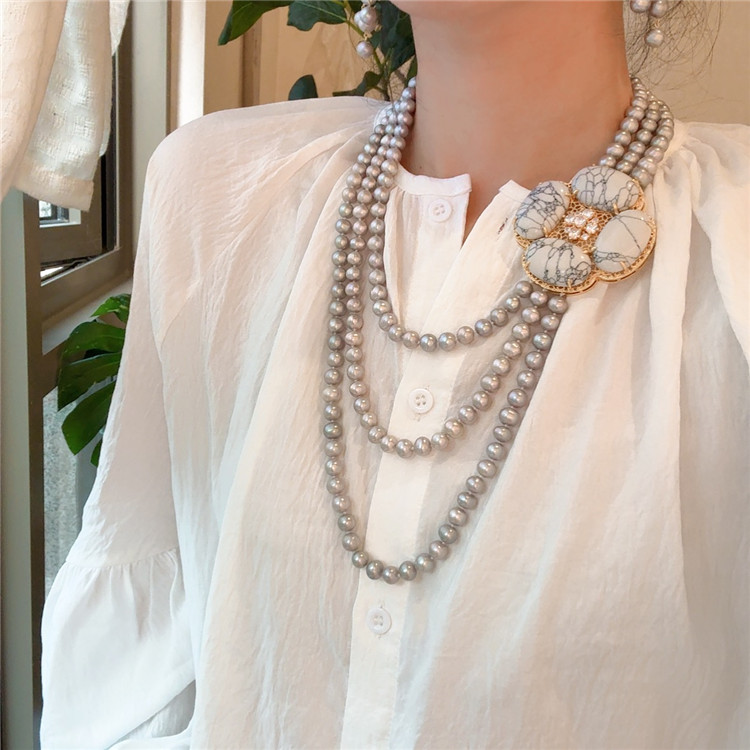 天然珍珠气质灰项链耳环套装高贵