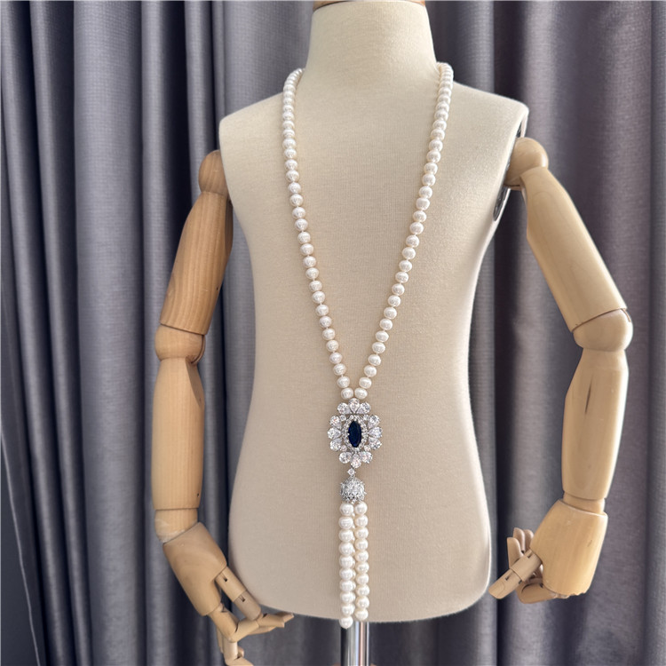 天然珍珠长款流苏毛衣链蓝色锆石