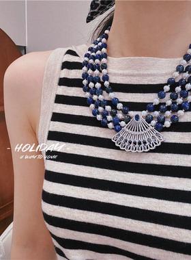 蓝色首饰女青金石名媛项链女多层