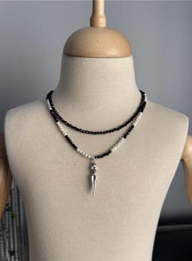 双层设计珍珠黑尖晶法式项链首饰