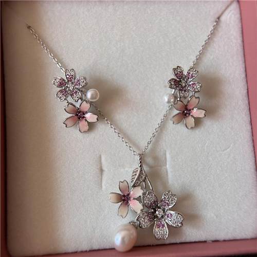 纯银吊坠耳环套装樱花款轻奢气质