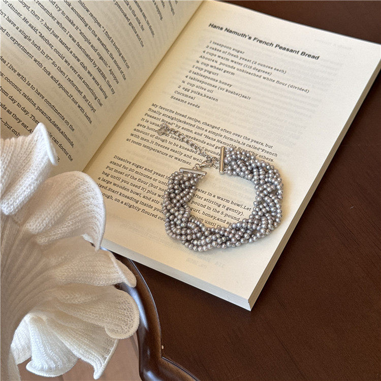 天然气质灰淡水珍珠手链简约百搭珍珠手链多层缠绕手饰气质饰品女