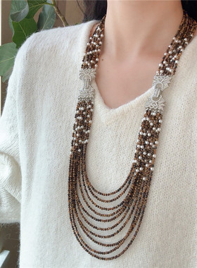虎眼石珍珠多层长款毛衣链女豪华