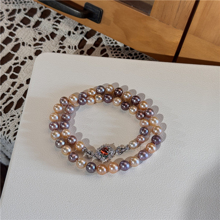 天然混彩色淡水珍珠项链女轻奢渐变色正圆强光颈饰高贵大气锁骨链