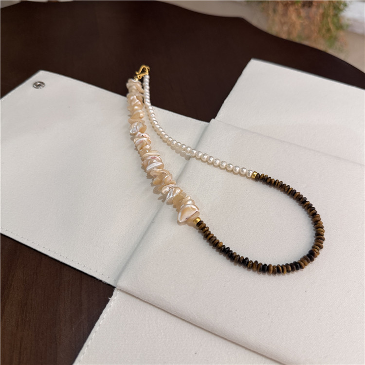 天然珍珠虎眼石贝壳短款锁骨链女