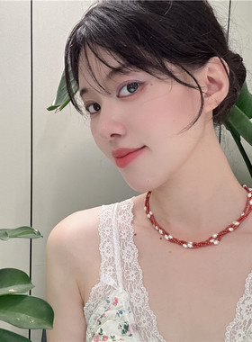 纯银项链女红色首饰气质南红珍珠