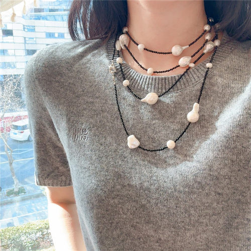设计款天然巴洛克珍珠多层毛衣链