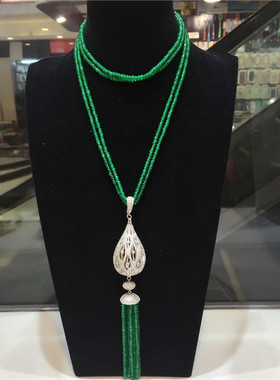简约超美 银微镶锆石绿玛瑙流苏时尚长款女毛衣链  秋冬百搭包邮