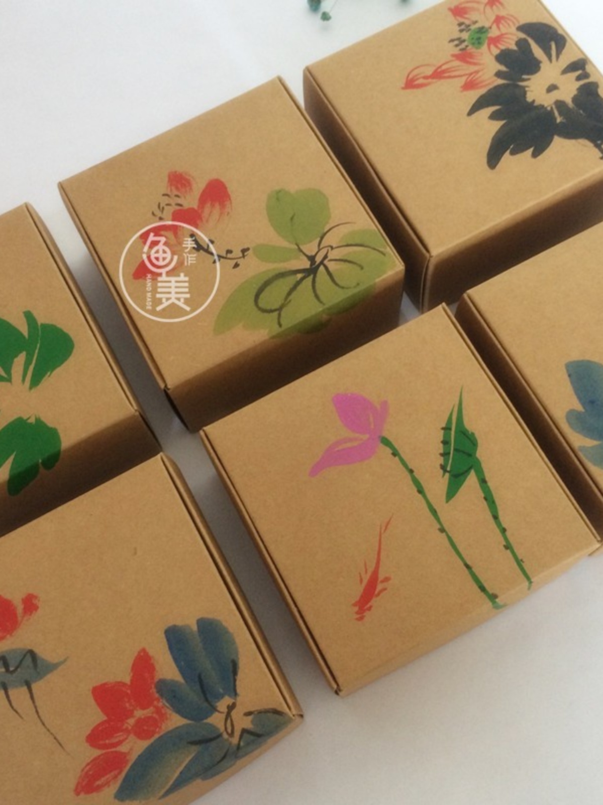 牛皮纸包装盒手绘图案随机发中国风茶叶盒喜糖盒手工皂盒伴手礼